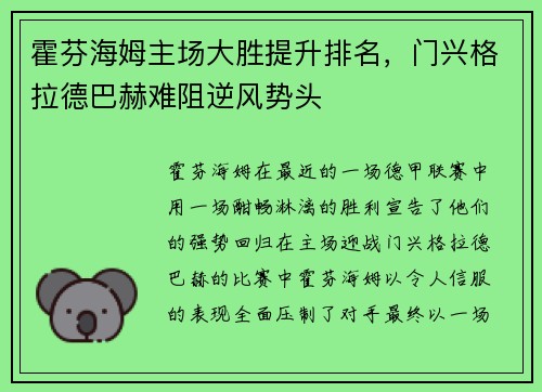 霍芬海姆主场大胜提升排名，门兴格拉德巴赫难阻逆风势头