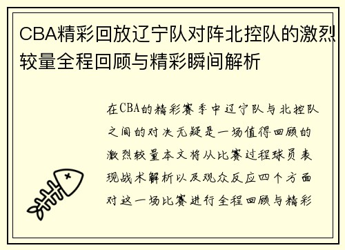CBA精彩回放辽宁队对阵北控队的激烈较量全程回顾与精彩瞬间解析